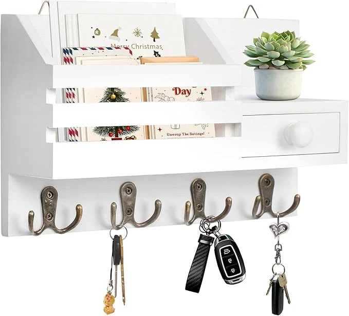 Convenient Key Holder Wall Mount Wooden Adhesive Mail and Key Organizer with Drawer Small Shelf 8 Hooks 2 Installation Methods WhiteAbout ThisOverview Innovative