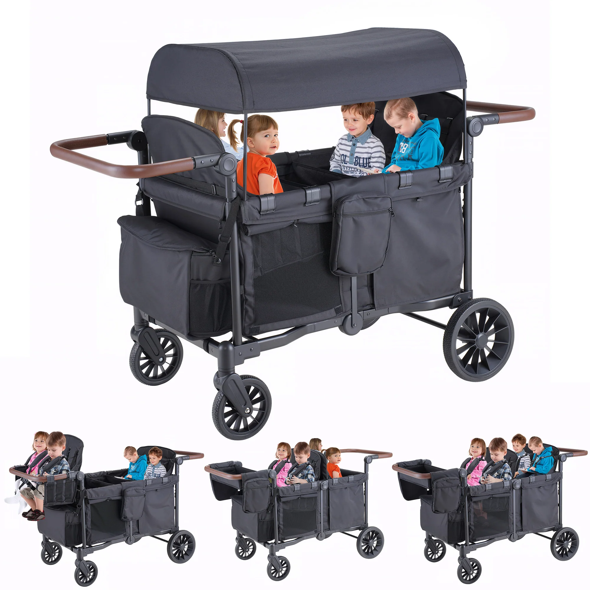 Next-Generation SACVON Toddler Stroller Wagon for 4 Kids with Cooler Bag Parent Organizer 5-Point Harnesses Black High-Quality