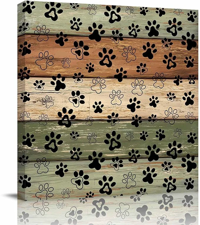 Practical Framed Canvas Wall Art for Living Room Dog Paw Print Wall Decor Retro Brown Green Wood Grain Aesthetic Paintings for Bedroom Office Kitchen Bathroom Ready to Hang Artwork Wall Pictures 24x24 InchAbout This User-Friendly