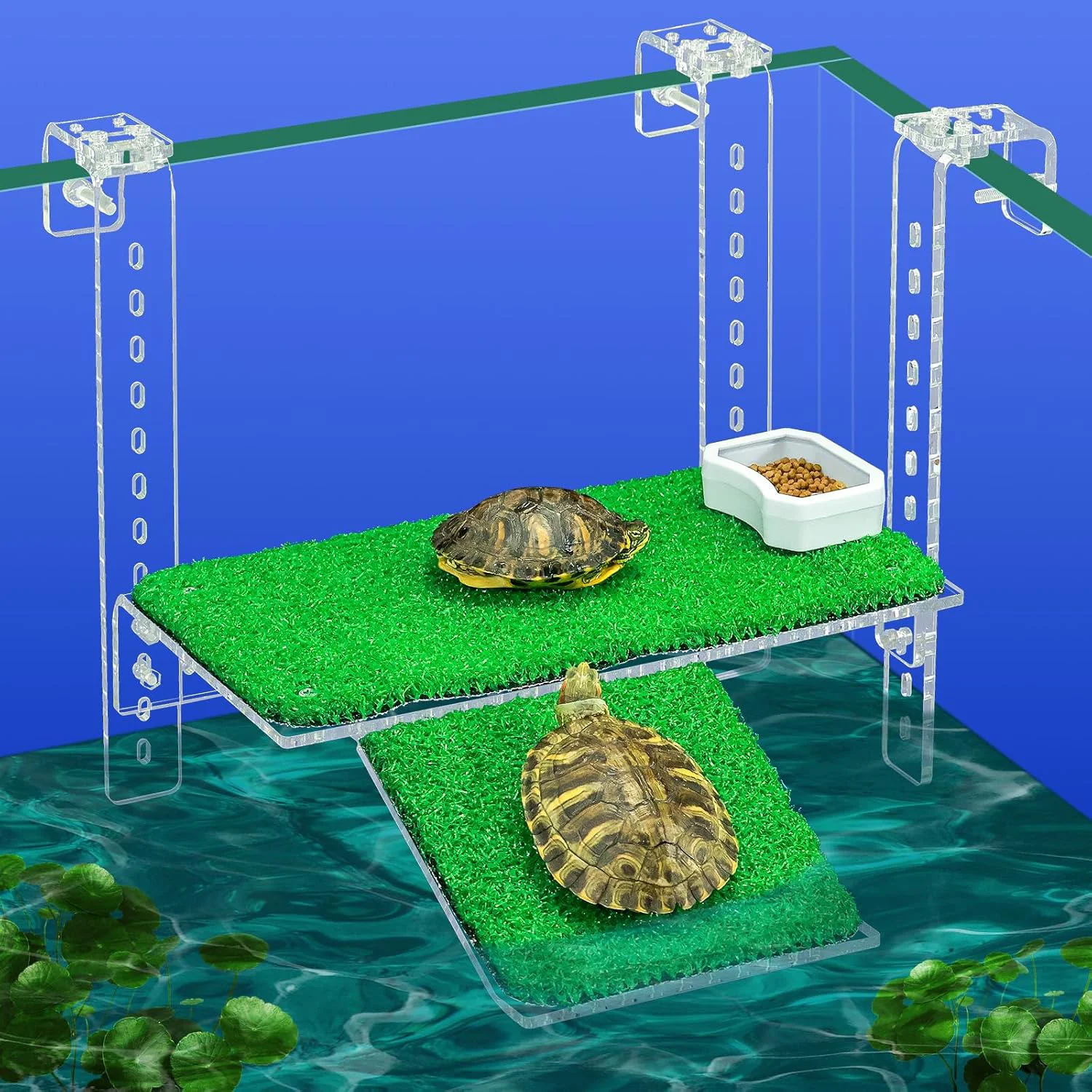 Durable Adjustable Hanging Turtle Dock with Anti-Slip Artificial Grass Basking Platform Sturdy Acrylic Ramp for Aquatic Turtles Compatible with Various Tank Sizes Easy Setup Transparent 11x5.8 Inch Modern