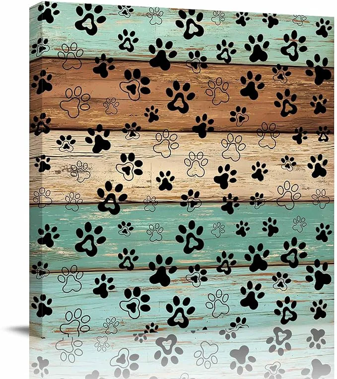 Original Framed Canvas Wall Art for Living Room Dog Paw Print Wall Decor Retro Brown Teal Green Wood Grain Aesthetic Paintings for Bedroom Office Kitchen Bathroom Ready to Hang Artwork Wall Pictures 8x8 InchAbout This Specialty