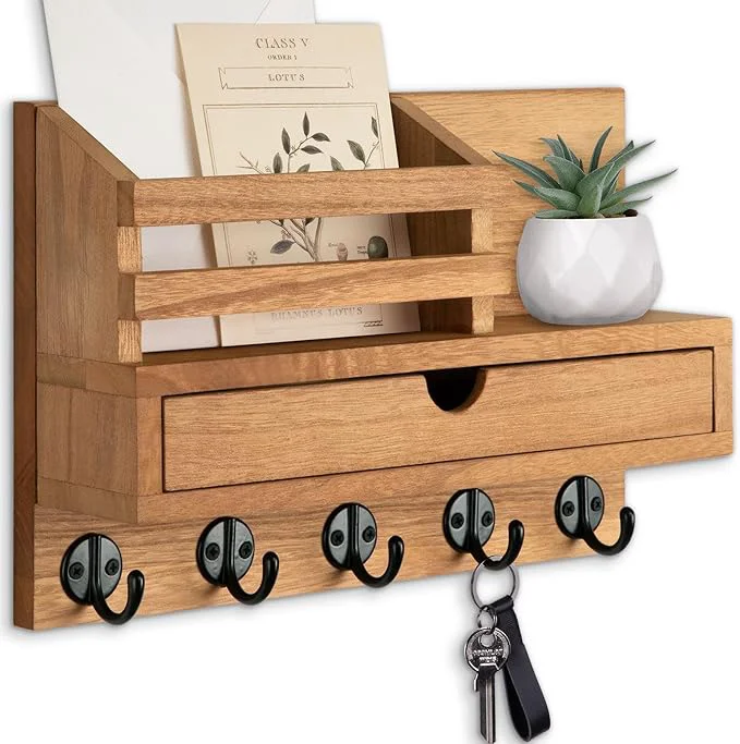 Top-Quality Key Holder Wall Mount Mail Holder with Storage Drawer and 5 Key Hooks for Coat Dog Leash Home Decor Rack House Accessories Entry Way Organizer Wood About ThisOverview Superior
