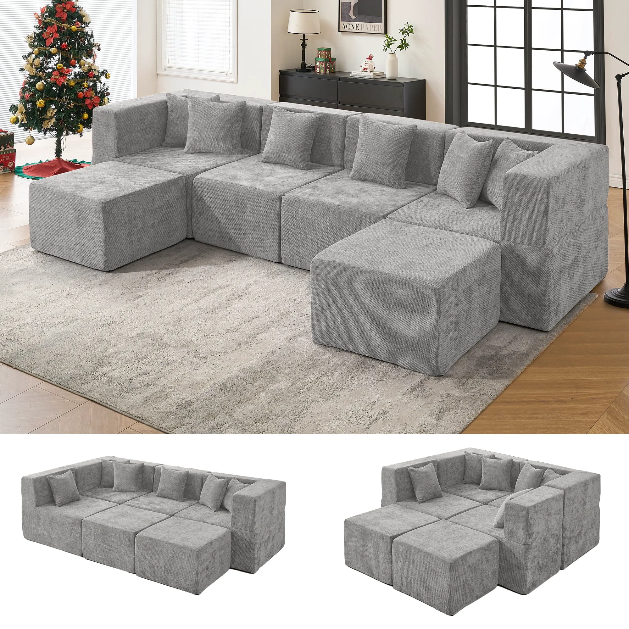 World-Class BEHOST 130 Oversized Modular Sectional Sofa for Living Room Flexible Combination U Shaped Chenille Cloud Couch Light Gray Classic