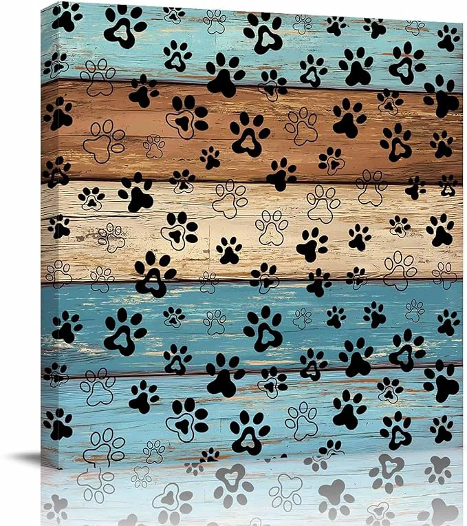 Fashionable Framed Canvas Wall Art for Living Room Dog Paw Print Wall Decor Retro Brown Teal Blue Wood Grain Aesthetic Paintings for Bedroom Office Kitchen Bathroom Ready to Hang Wall Pictures 24x24 InchAbout This Advanced