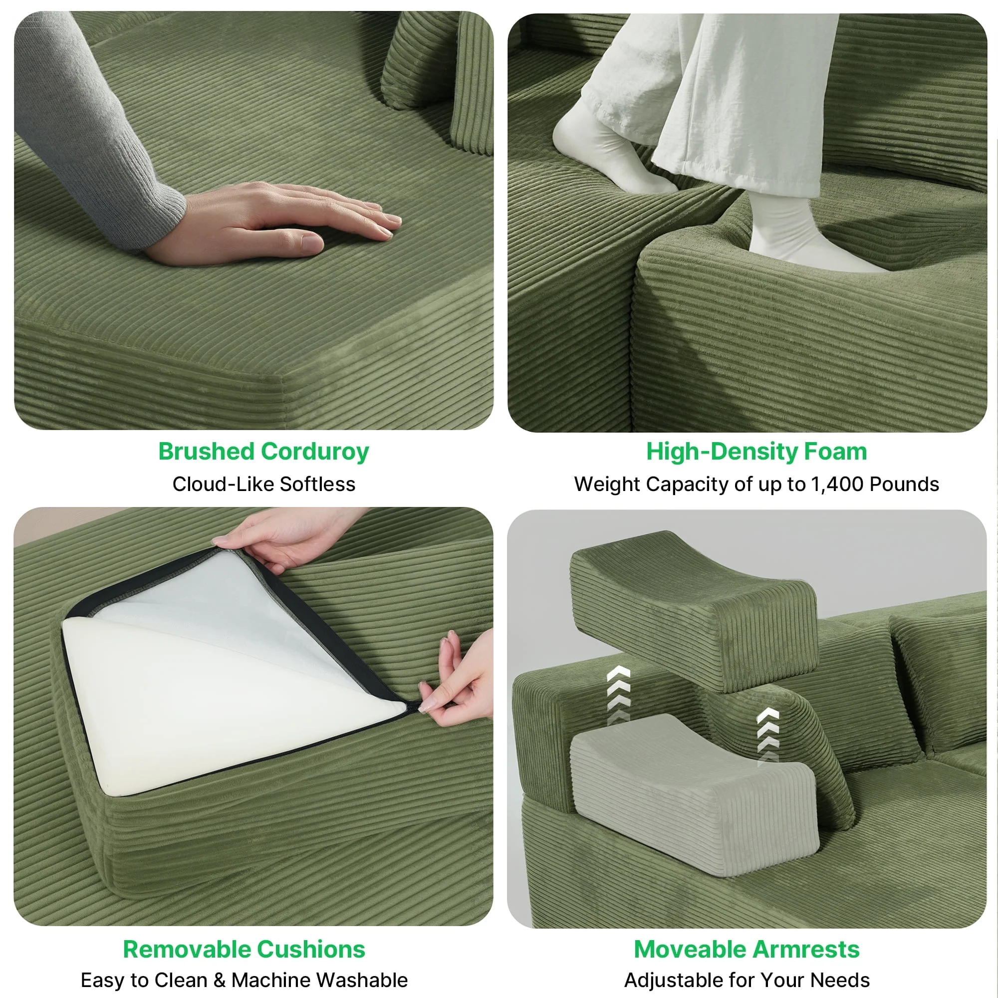 Breathable Behost 140 Modular Sectional Sofa for Living Room U Shaped Chenille Cloud Couch Sleeper Bed Green Fashionable