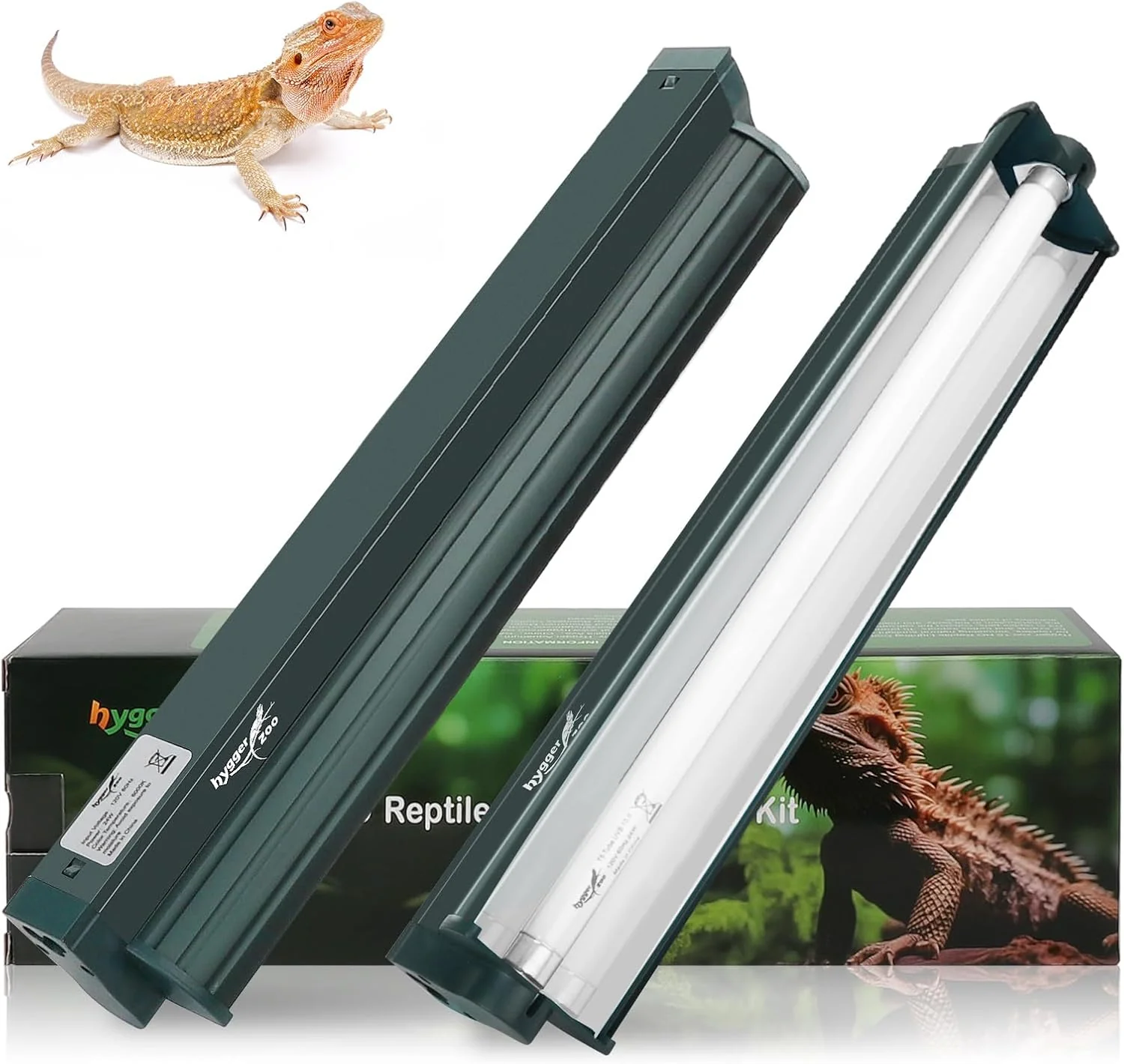 Classic T5 Reptile Light Fixture Green Combo Kit 8W Light Fixture Reptile Terrarium Hood 10.0 UVB Light Bulb Fluorescent Tube I for Tropical and Deserts Such as Bearded Dragon Lizards and Tortoises First-Class