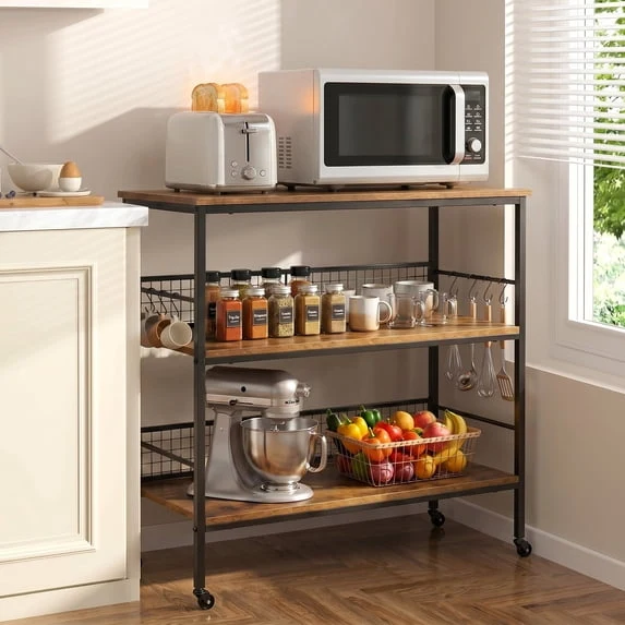 Detailed Behost Rolling Microwave Cart 3-Tier Kitchen Utility Cart with 10 Hooks Lockable Wheels Coffee Cart Shelf Rustic Brown Original Design