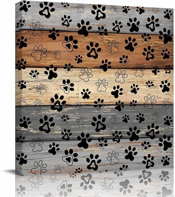 Convenient Framed Canvas Wall Art for Living Room Dog Paw Print Wall Decor Retro Brown G热u Wood Grain Aesthetic Paintings for Bedroom Office Kitchen Bathroom Ready to Hang Artwork Wall Pictures 20x20 InchAbout This Durable