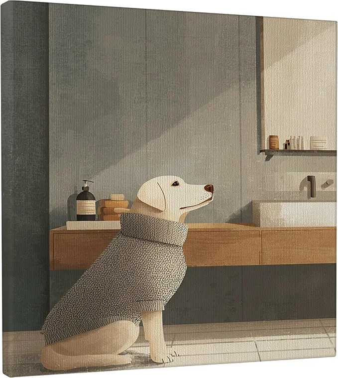 Reusable Cozy Dog Canvas Wall Art Beige Gray Minimalistic Animal Decor Autumn Aesthetic Home Decoration for Living Room Bedroom Bathroom Wrapped Canvas 12x12 InchAbout This Elite