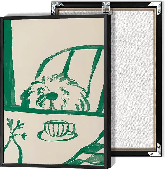 Specialty Funny Sneaky Dog Poster Abstract Coffee Breakfast Canvas Wall Art Modern Minimalist Animal Sketch Artwork Prints Painting For Living Room Kitchen Dining Room Wall Decor 8x12in FramedAbout This Eco-Friendly