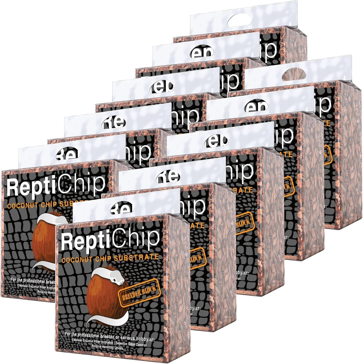 Breathable ReptiChip Reptile Substrate Coconut Chip Bedding 72 Quart Compressed Organic Coco Husk Block for Snake Habitat Ball Python Terrarium Turtle Tanks Tortoise Enclosure 10 Pk Flexible