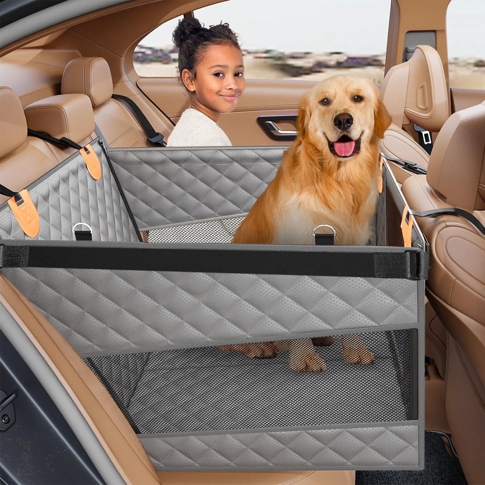 Comfortable PETICON Large Dog Car Seat Extender — Back Seat with 3 Mesh Windows Waterproof Scratch-Resistant Elite