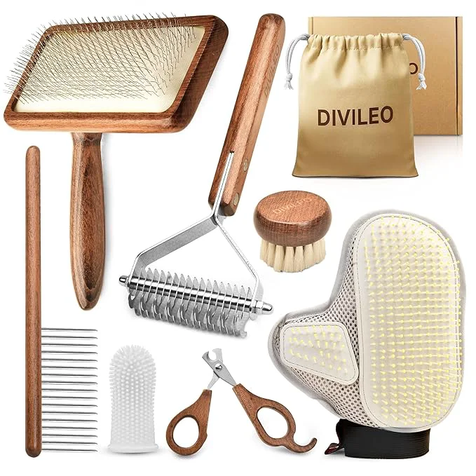 Certified Premium Waterproof Pet Grooming Kit for Dogs Cats – Wooden Handle Slicker Brush Deshedding Comb Nail Clipper – Professional Dog Grooming Supplies Set with Canvas Pouch USA Brand Flexible