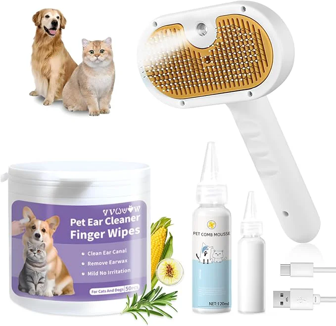 Exclusive Pet Steam Brush for Dog Cat – 3-in-1 Spray Hair Removal Comb for Shedding Grooming Softens Fur Reduces Static – Water Brush for Long Short Coats Bath-Hating Pets Includes Waterless ShampooAbout ThisOverview Reusable