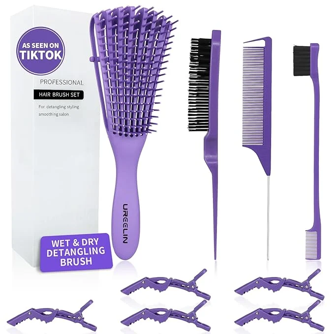 Organic Hair Brush Set for 3a 4c Wig Thick Wavy Curly Slick Back Hair Brushes Rat Tail Combs 8-Row Edge Brush For Detangling Braiding Teasing Parting Styling Kids Girls women Purple Professional