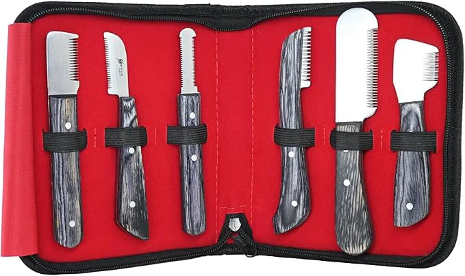 Exceptional Dog Grooming Stripping Knife Set – 6-Piece Stainless Steel Hand Stripping Tools with Wooden Handles – Coarse Medium Fine Extra-Fine Knives for Dogs Cats Wire-Coated Pets Black About ThisOverview Prestigious