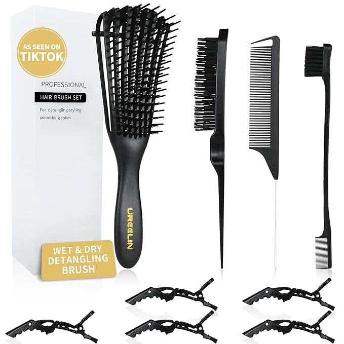 Authentic Hair Brush Set for 3a 4c Wig Thick Wavy Curly Slick Back Hair Brushes Rat Tail Combs 8-Row Edge Brush For Detangling Braiding Teasing Parting Styling Kids Girls women Black Classic