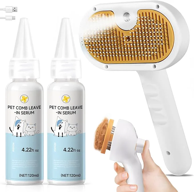 Breathable Pet Steam Brush for Dog Cat – 3-in-1 Spray Hair Removal Comb for Shedding Grooming Softens Fur Reduces Static – Water Brush for Long Short Coats Bath-Hating Pets Includes Waterless ShampooAbout ThisOverview Trusted