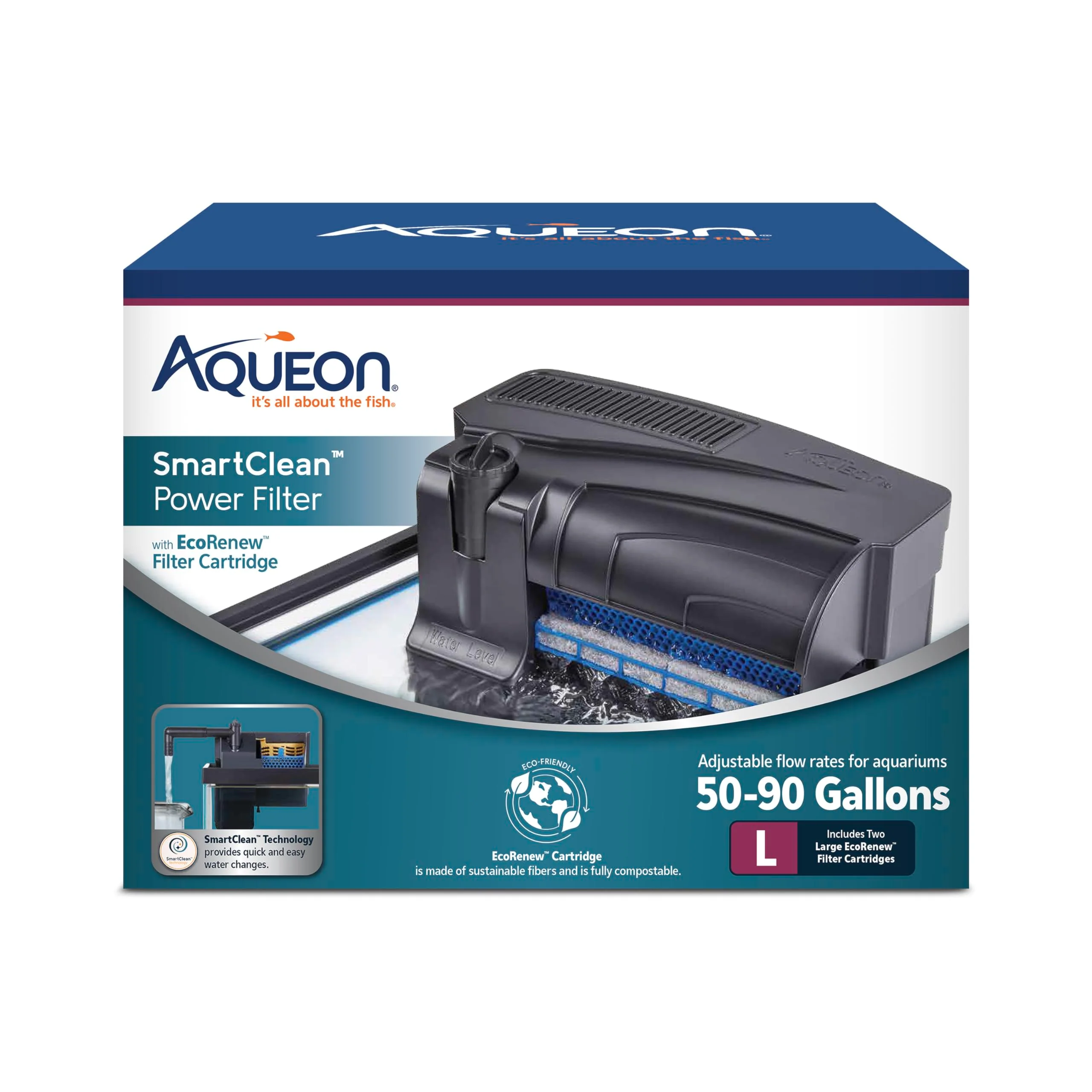 Trusted Aqueon SmartClean Power Filter with EcoRenew Cartridge Quiet Easy Water Changes for 50-90 Gallon Tanks First-Class