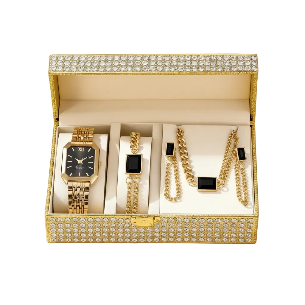 World-Class Elegant Rectangle Women's Quartz Wristwatch 5-Piece Jewelry Set Traditional