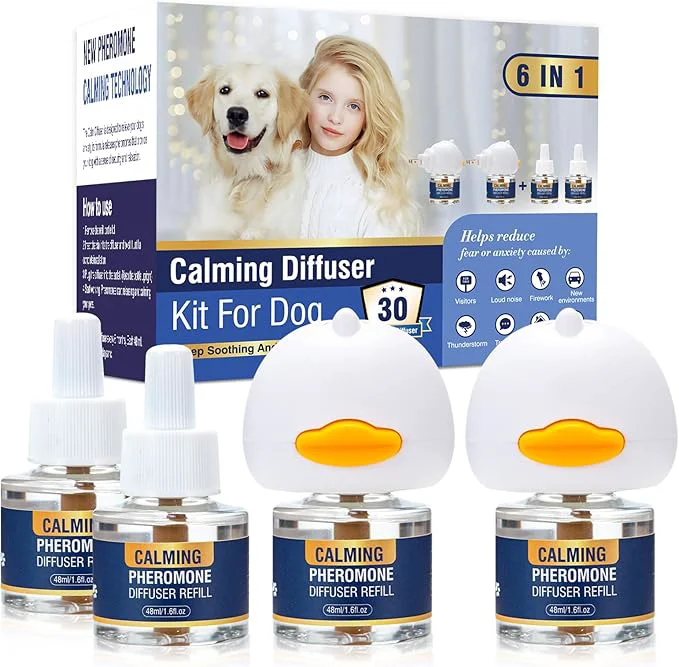 Sophisticated Dog Calming Pheromones Diffuser 6 in 1 Kit 2 Plug in 4 x48ml Refill Appeasing Pheromone Diffuser to Calmfor Anxiety Relief Reduce Aggression Fighting Barking Stress 120 Day Supply Peach About This Easy-to-Use