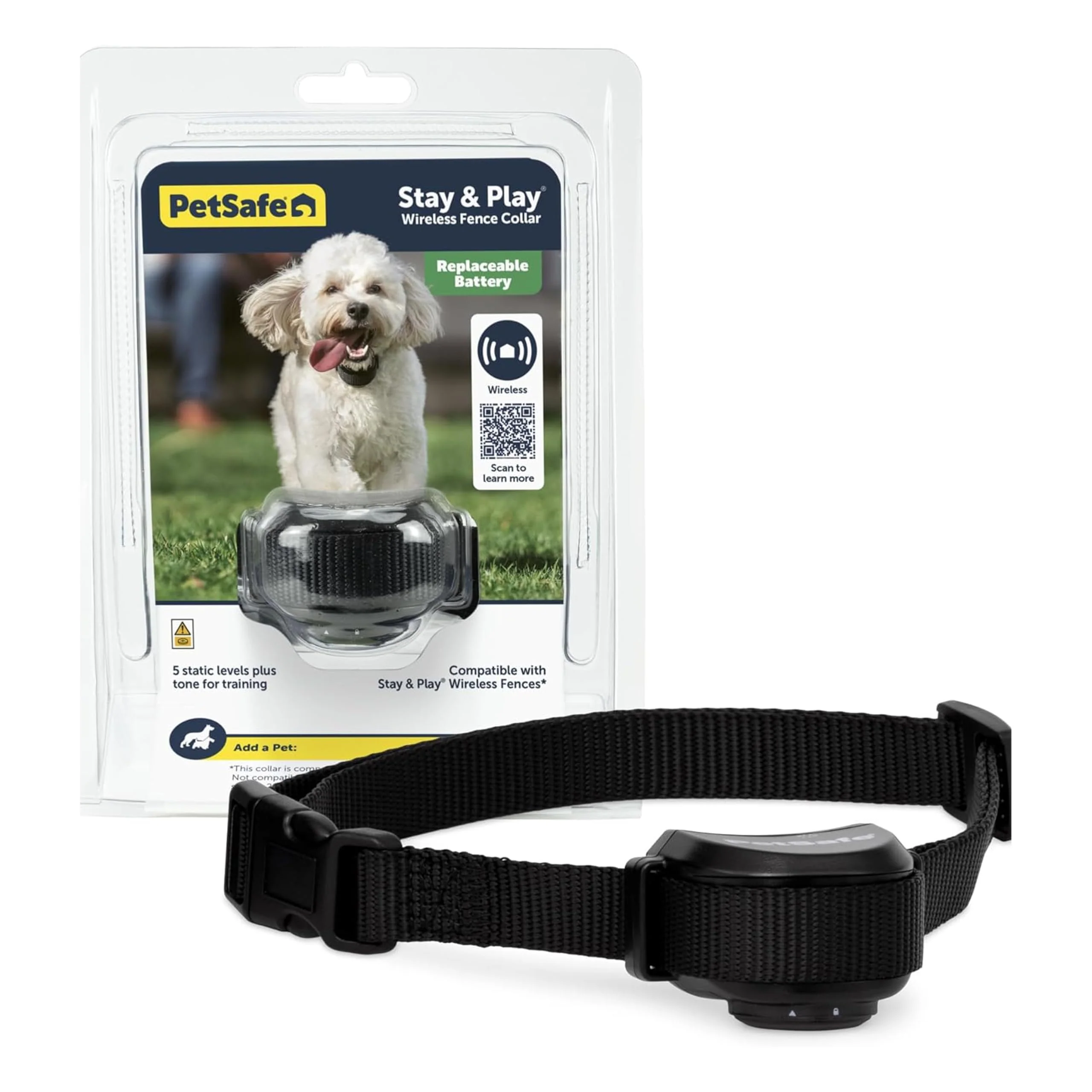 Green PetSafe Stay Play Wireless Fence with Replaceable Battery Collar – Waterproof Adjustable 5-Level Static Correction for Dogs 5lb Enhanced