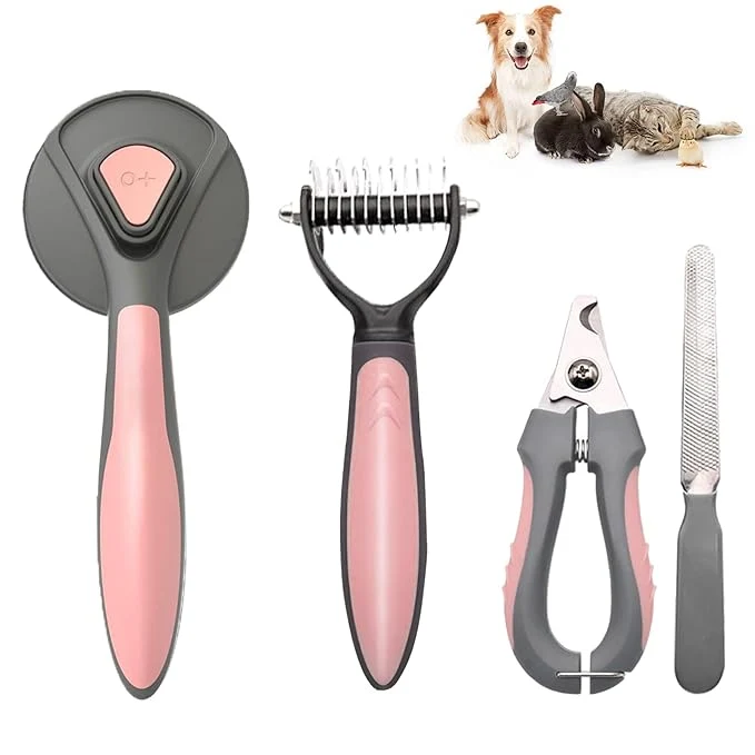 Proven Pet Deshedding Brush Set Undercoat Rake for Dogs Cats - Double Sided Brush for Shedding and Dematting Comb Grooming Tool kit - Nail Clippers Nail File Kit 4Pack Pink Prestigious