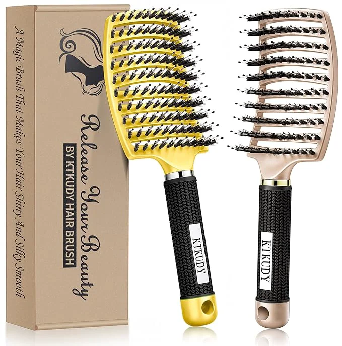 Easy-to-Use KTKUDY Detangling Brush Getting Knots Out without Pain - Boar Bristles HairBrush Make Hair Shiny Healthier Vented Detangler Brush for Women Men Kids Wet and Dry Hair Yellow Gold Fast