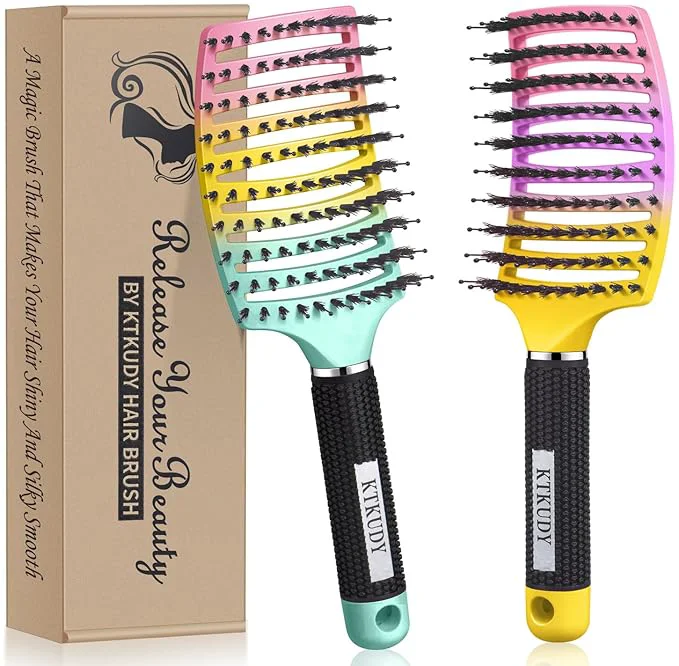 Easy-to-Use KTKUDY Detangling Brush Getting Knots Out without Pain - Boar Bristles HairBrush Make Hair Shiny Healthier Vented Detangler Brush for Women Men Kids Wet and Dry Hair Rainbow Yellow-Purple Natural