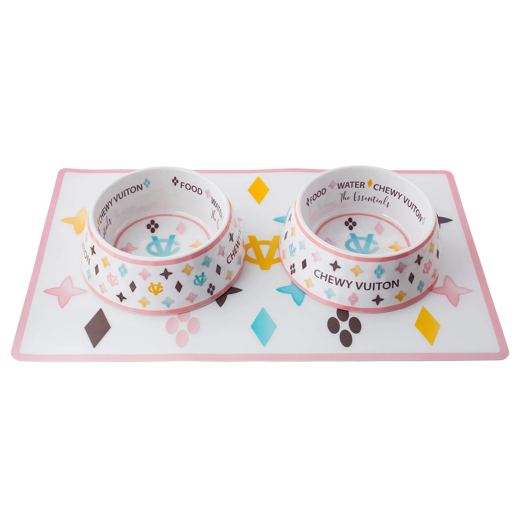Elite Haute Diggity Dog White Chewy Vuiton Bowls Placemat BPA- Non-Skid Dishwasher Safe Medium Case of 2 Enhanced