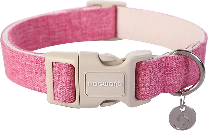 World-Class DOGWONG Cotton Hemp Dog Collar Heavy-Duty Pink Dog Collar Adjustable Soft Effective