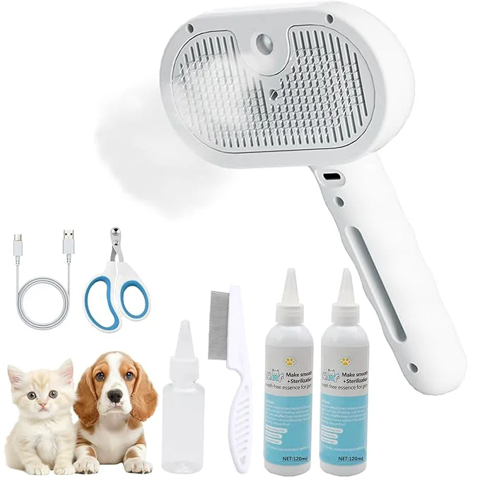 Stylish Pet Steam Brush for Shedding– 4-in-1 De-Shedding Steam Spray and Self-Cleaning Grooming Tool – I for Long and Short-Haired Pets– Includes 2 Bottles of 120 mL Waterless Shampoo White Fast