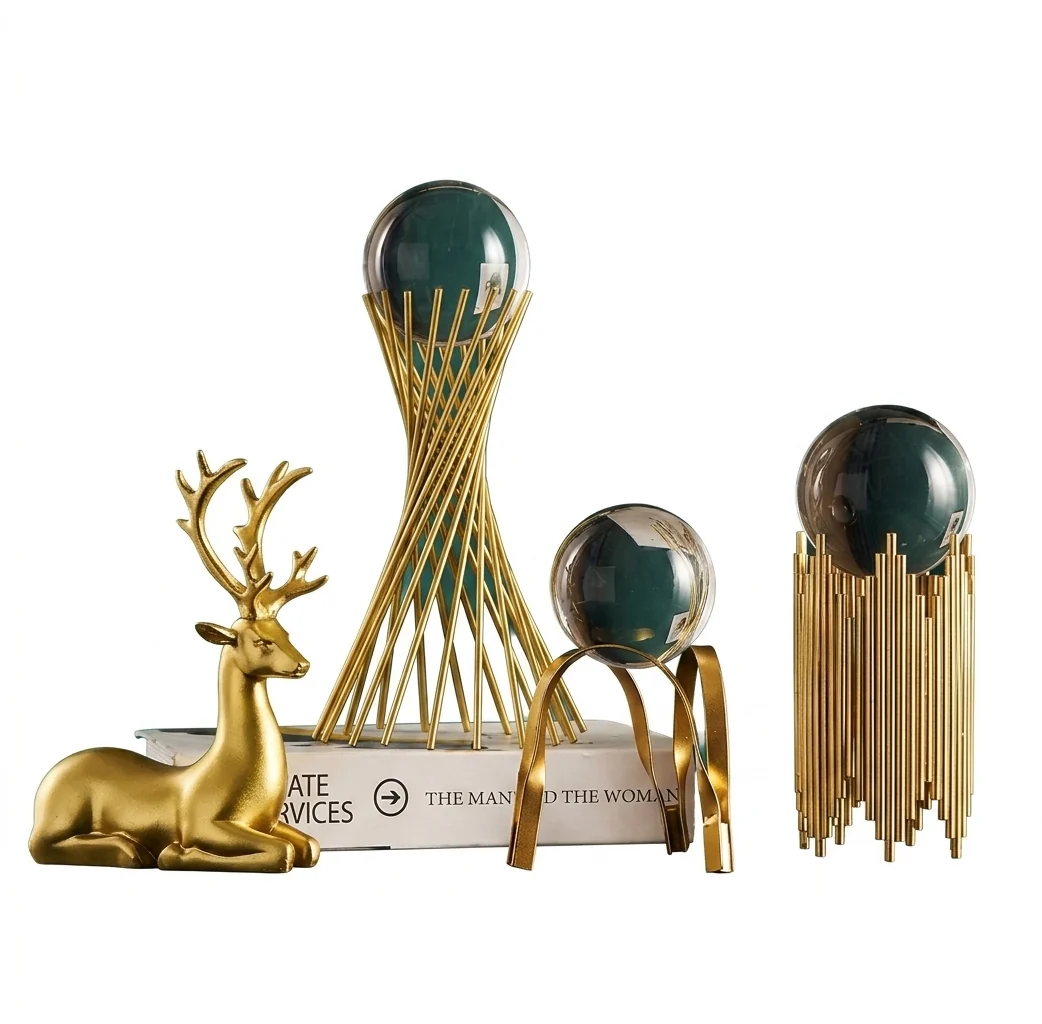 Soft Golden Metal Crystal Ball Deer Figurine and Tabletop Ornament Minimalist