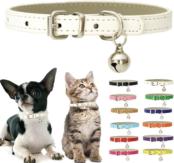 Certified White XS Dog Collar with Bell Soft Pu Leather Cat Collars Adjustable Buckle High-Quality