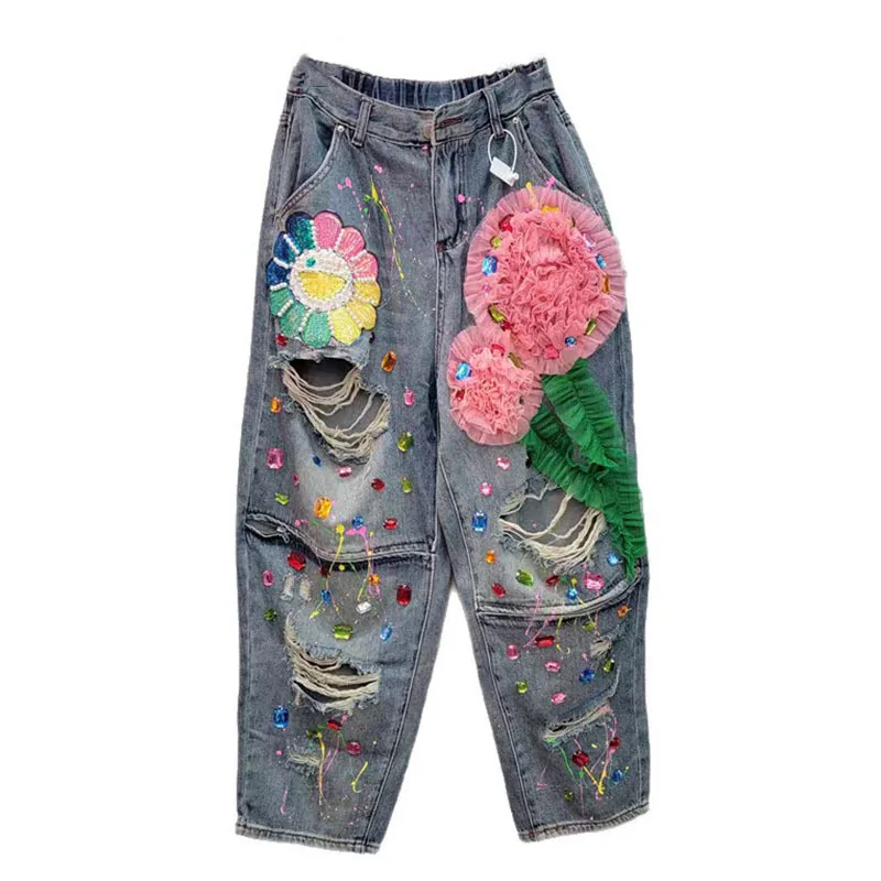 Flexible Women's 3D Flower Beaded Elastic High Waist Loose Jeans Luxury