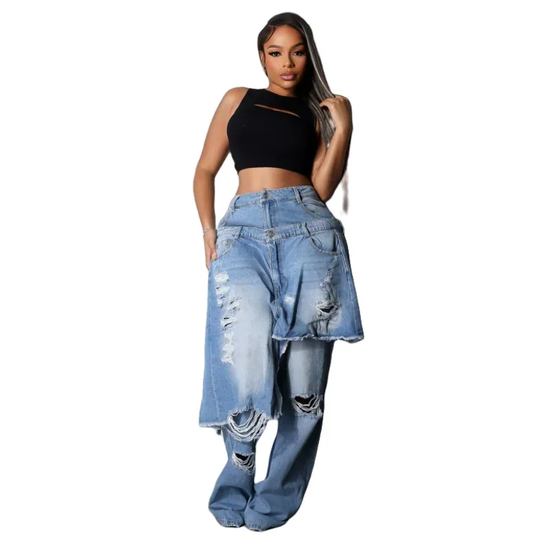 Easy-to-Use Women's Vintage High Waist Ripped Cutout Denim Jeans Pants Durable