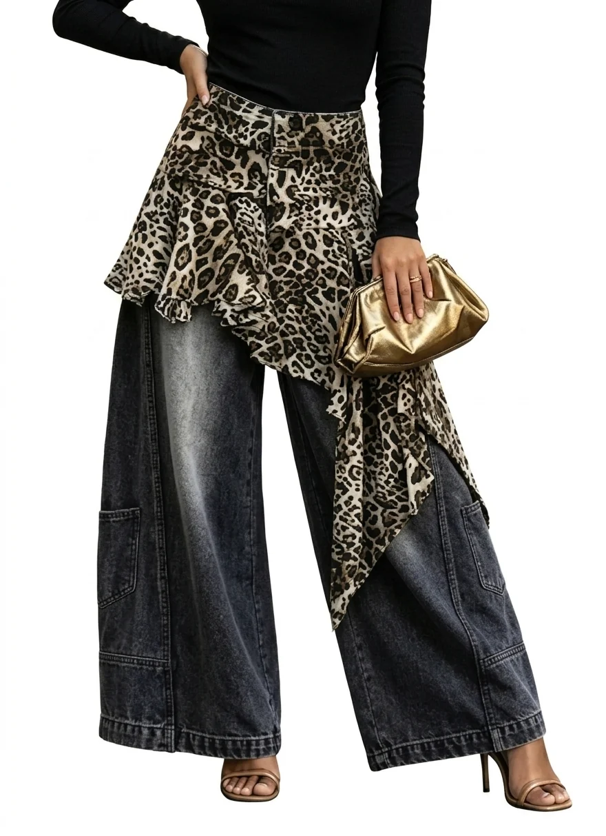 Carefully Designed Women's Leopard Patchwork Baggy Loose Wide Leg Jeans Optimized