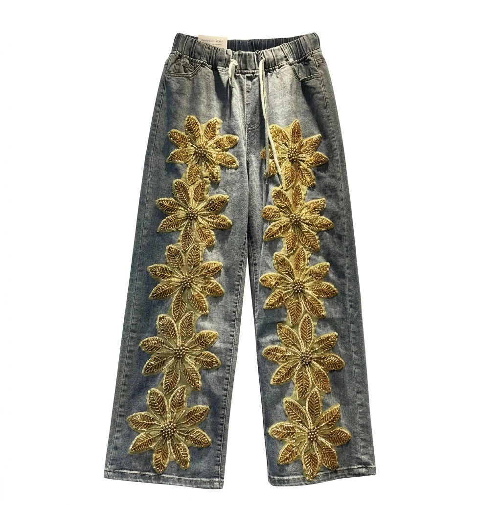 Refined Women's 3D Floral Beaded Elastic Waist Wide Leg Jeans Elite
