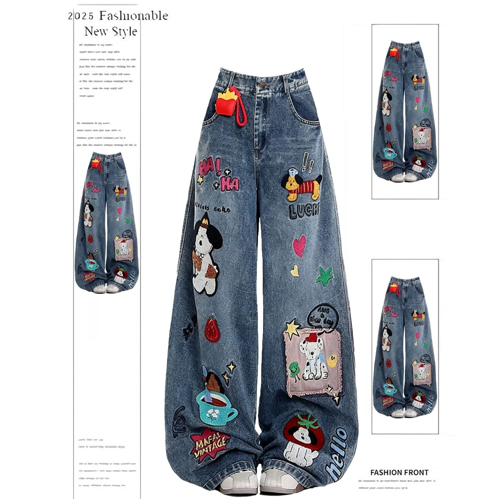Carefully Designed Women's Cartoon Embroidery Washed Loose Wide Leg Jeans Efficient