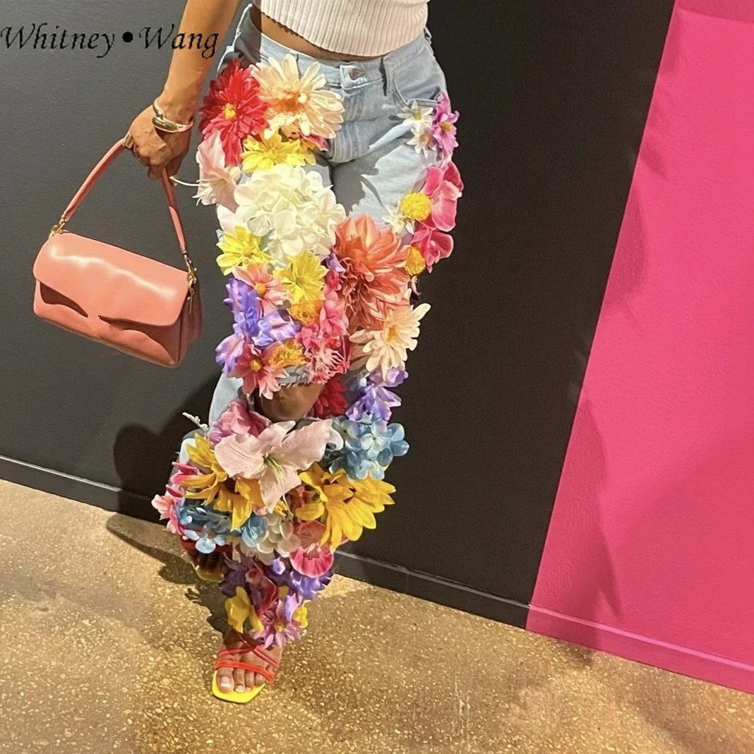 Enhanced Women's 3D Floral Applique Straight Leg Denim Jeans Official