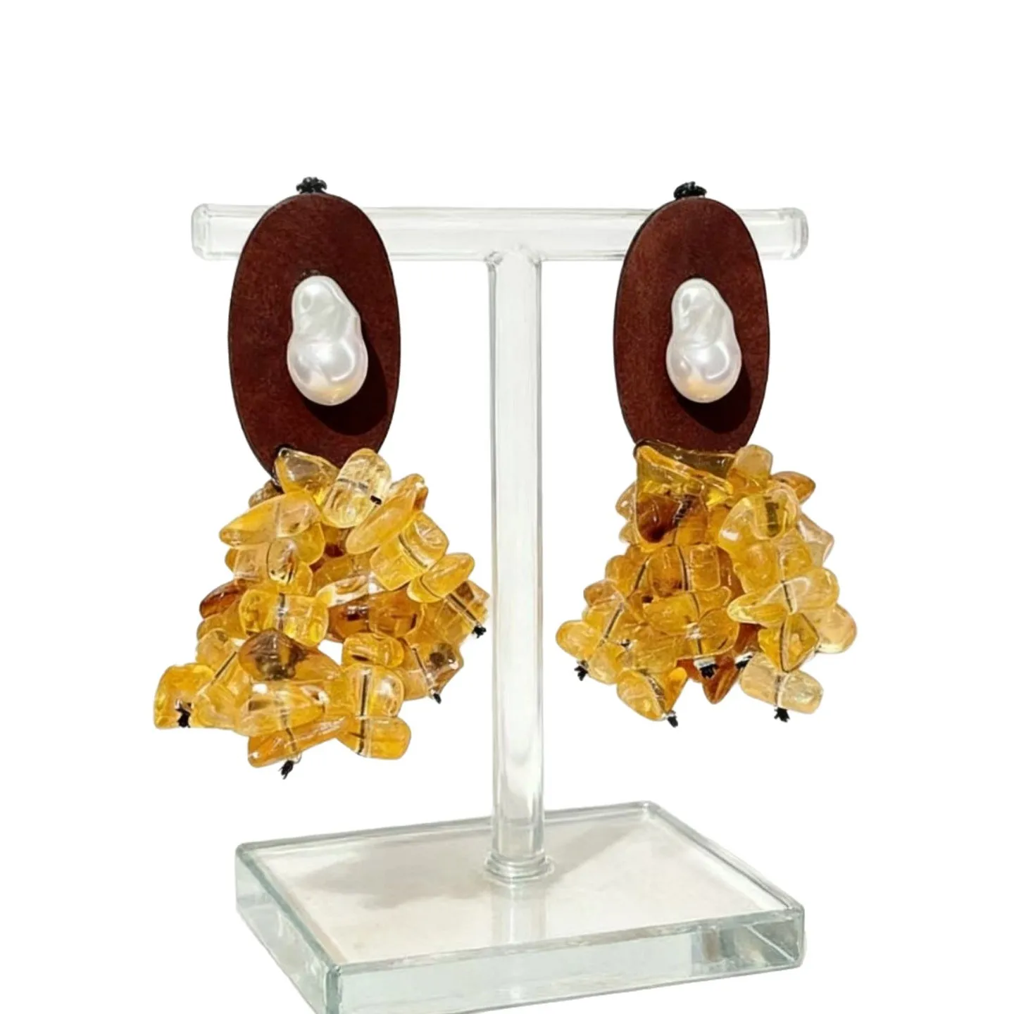 Elite Women's Trendy Vintage Wooden Citrine Tassel Drop Earrings Sophisticated