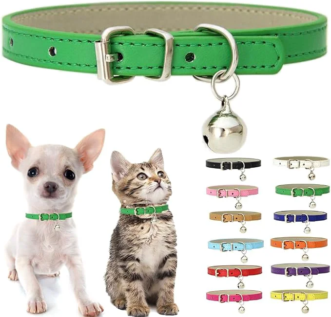 World-Class Green XS Dog Collar with Bell Soft Pu Leather Cat Collars Adjustable Buckle Traditional