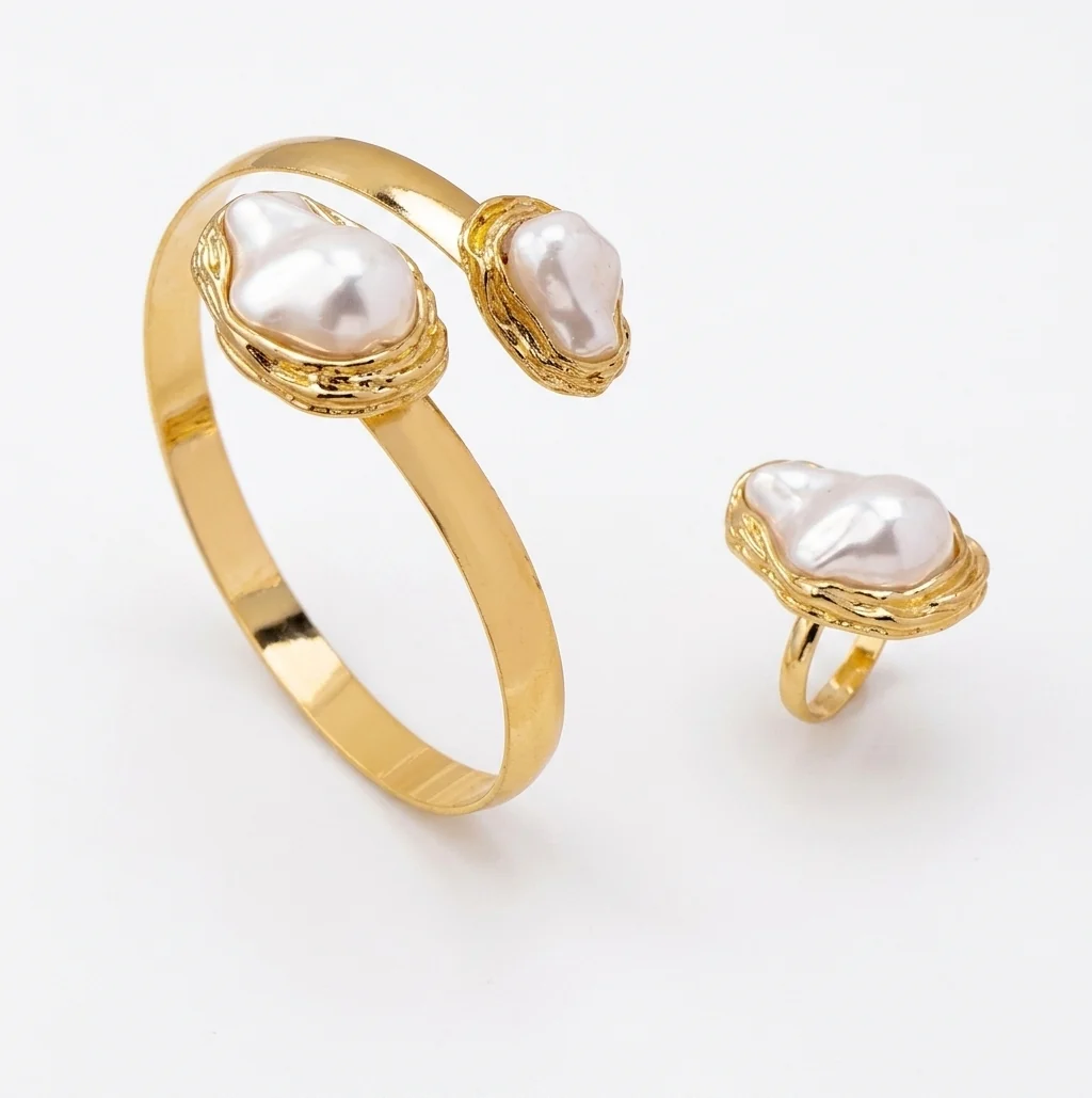 Stylish Women's Fashion Elegant Imitation Pearl Adjustable Bracelet Ring Jewelry Set Crafted