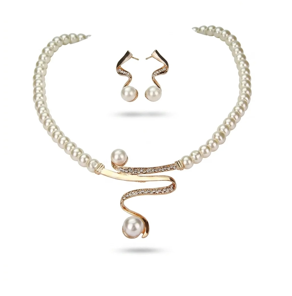 Premium Women's Fashion Elegant Pearl Rhinestone Necklace Earrings Jewelry Set Carefully Designed