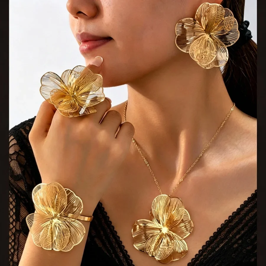 Fashionable Women's Fashion Filigree Flower Statement Necklace Earrings Ring Jewelry Set Excellent