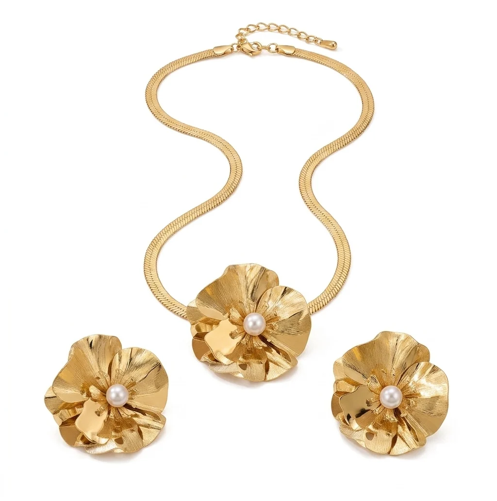 Functional Women's Fashion Elegant Flower Inlaid Pearl Necklace and Earrings Set Modern