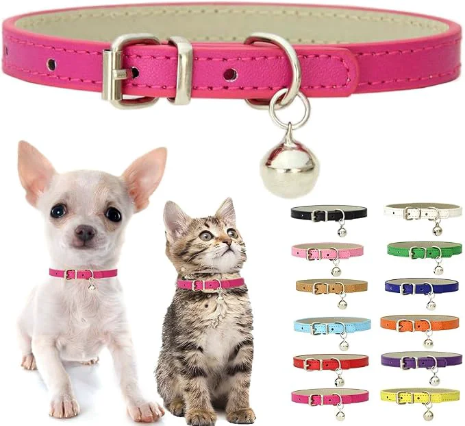 World-Class Hot Pink XXS Dog Collar with Bell Soft Pu Leather Cat Collars Adjustable Buckle Unique