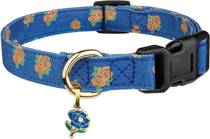 Artisan Cotton Handmade Dog Collar Cute and Distinctive Patterns Blue Rose Advanced