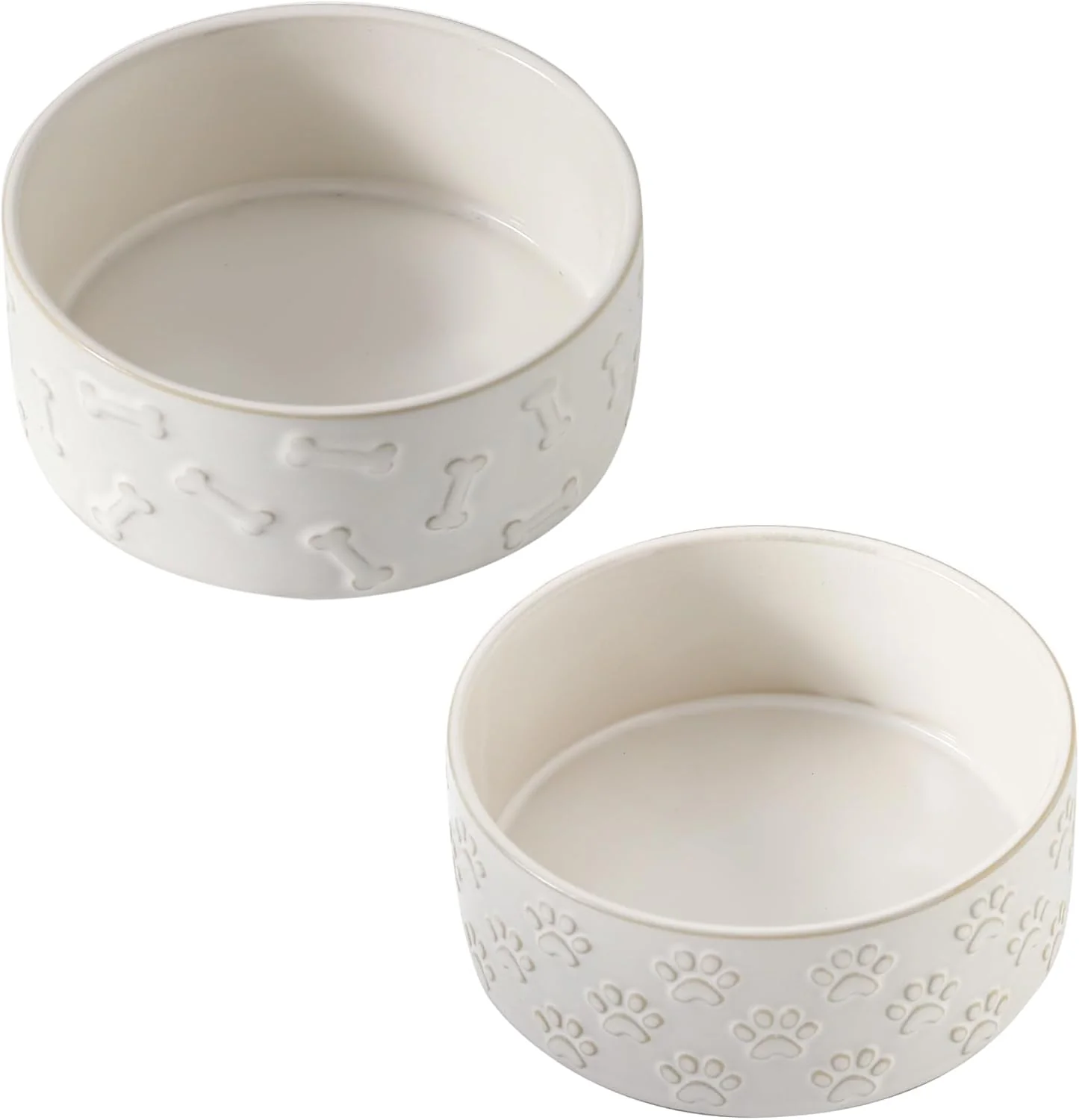 Traditional UBEE Ceramic Dog Bowl Set of 2 5.1 inch Dog Food Bowl Dish with Bone or Paw Pattern Pet Food Water Dish Feeding for Small Dogs and Large Cat White Recyclable