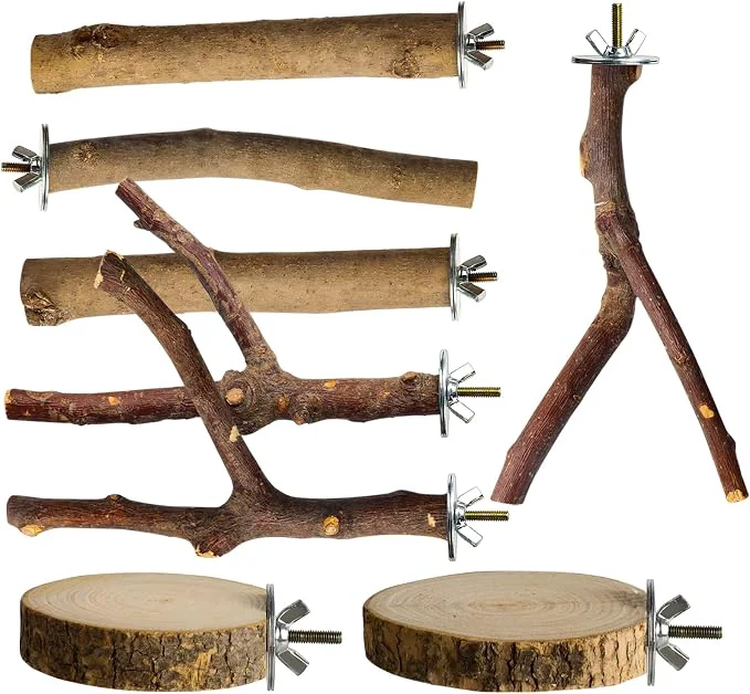 Convenient 8 Pack Natural Wood Bird Perches Parrot Perch Stand Bird Cage Accessories Functional